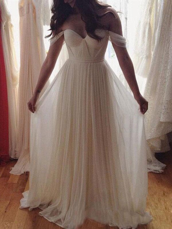 Flowy Unique Ivory Chiffon Off The Shoulder Lace Up Beach Wedding Dresses