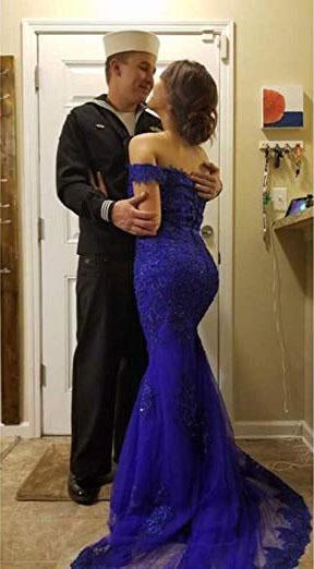 Blue Off the Shoulder Long Lace Appliques Mermaid Beads Prom Dresses Evening SWK11258