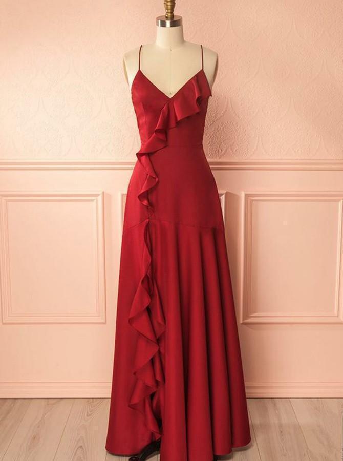 Mermaid Spaghetti Straps Red Satin Prom Dresses with Ruffles Long Party SWK12845