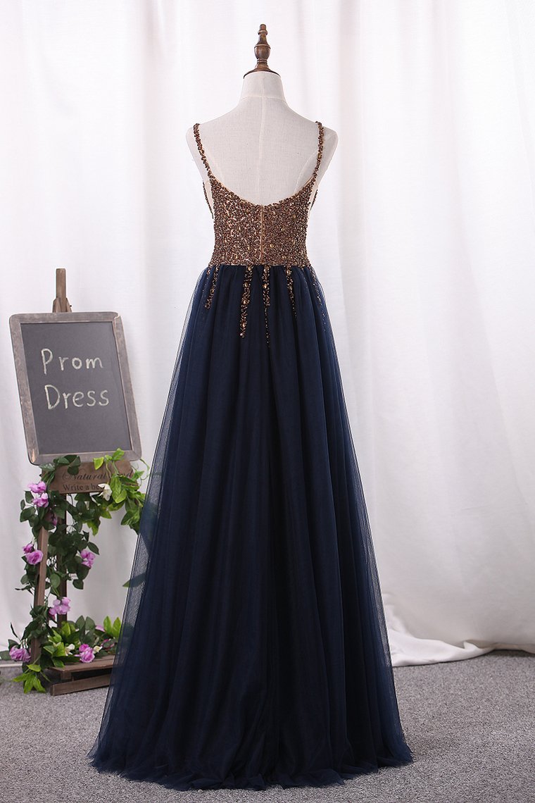 New Arrival Prom Dresses Spaghetti Straps Tulle A Line Zipper Up