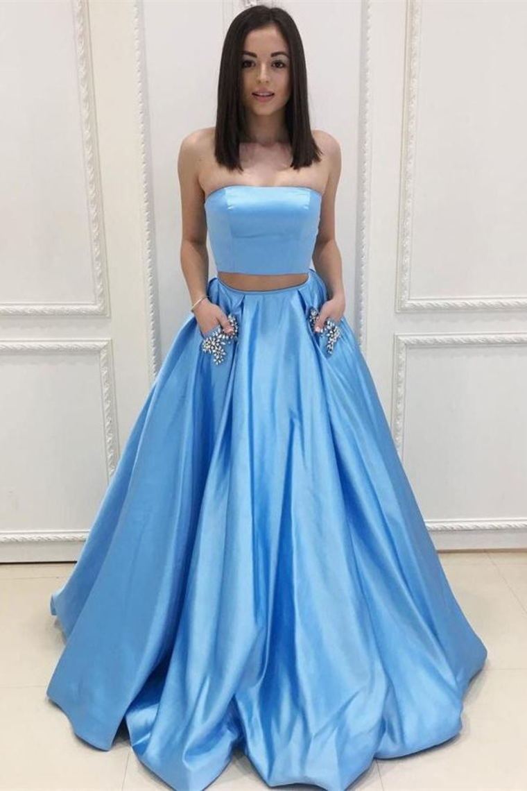 Pretty 2 Pieces Long A-Line Blue Strapless Prom Dresses With Pockets