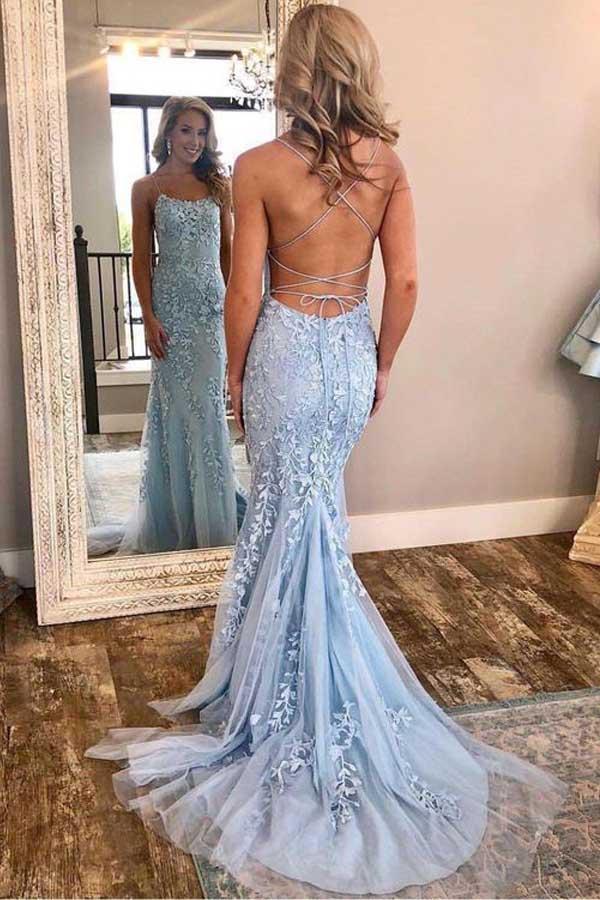 Mermaid Red Lace Spaghetti Straps Scoop Prom Dresses Long Cheap Evening SWK12820