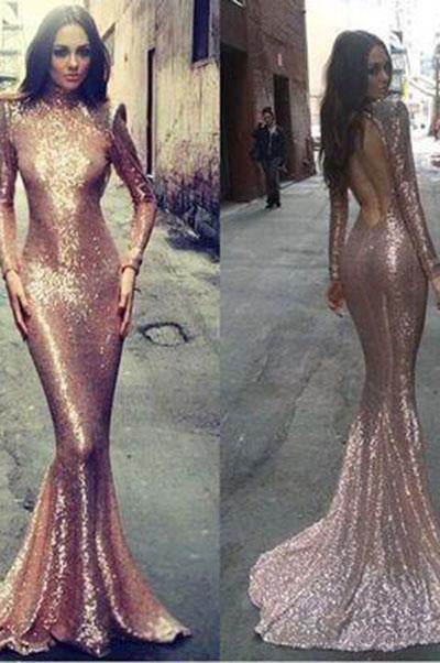 Long sleeve mermaid Rose Gold sequin prom dresses Backless prom dress sexy prom dresses WK106