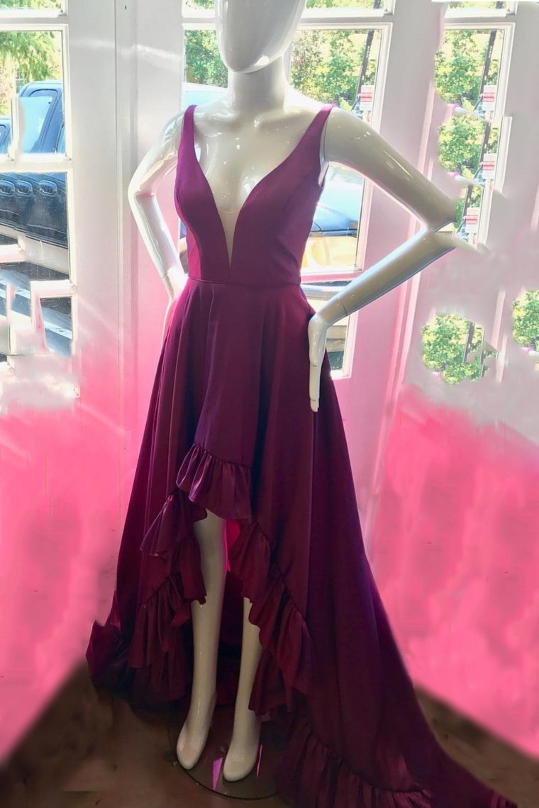 2024 A Line Asymmetrical Prom Dresses V Neck Chiffon Sweep Train