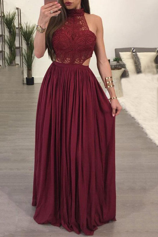 High Neck A Line Chiffon & Lace Floor Length Prom Dresses