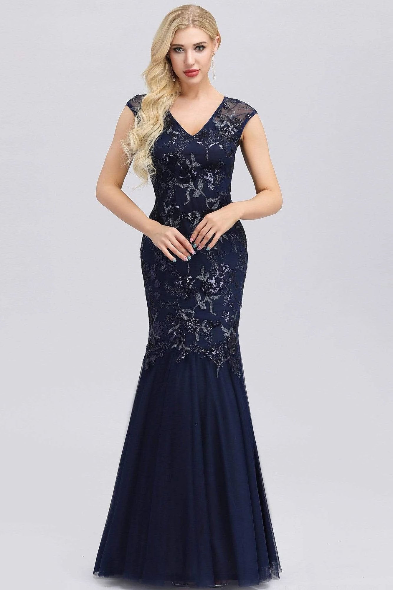 Elegant V-Neck Beaded Bodycon Mermaid Prom Dresses Straps Evening Gowns SWK15215