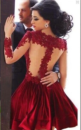 Short Ball Gown High Neckline with Long Sleeves Lace Dark Wine Red Backless Lace Prom Dress WK24