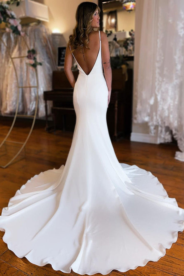 Mermaid V Neck Satin Wedding Dresses with Open Back