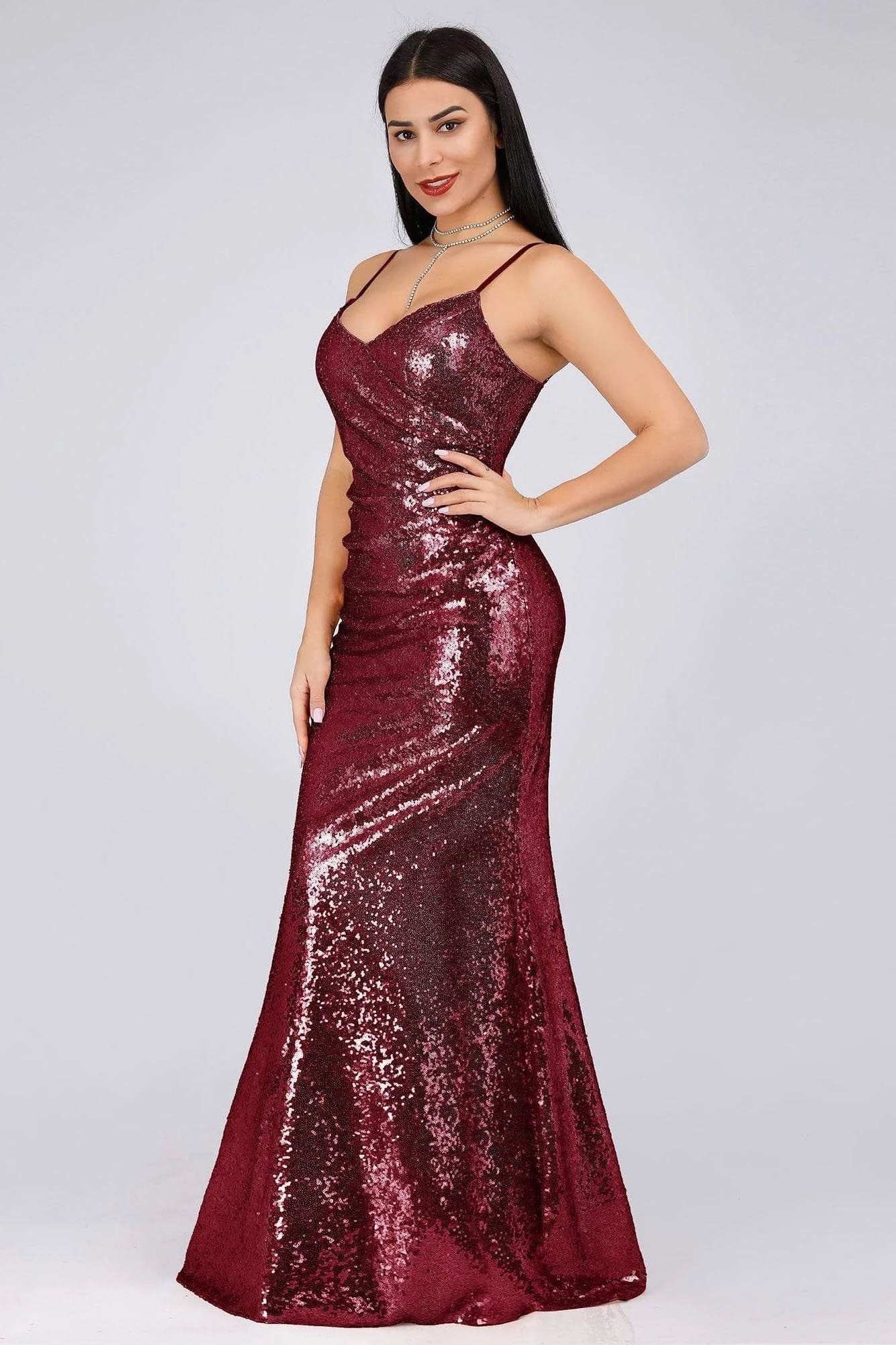 Sexy Spaghetti Straps Burgundy Sequins V Neck Party Dresses Mermaid Prom Dresses SWK15358