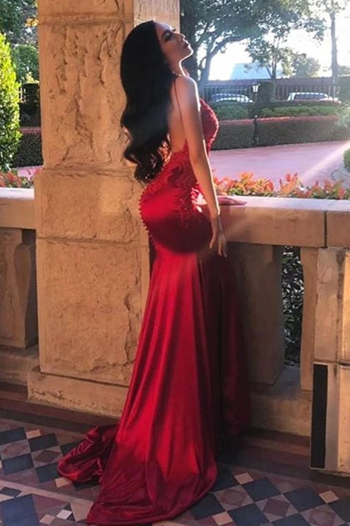 Chic Red Spaghetti Straps Mermaid V Neck Prom Dresses with Appliques, Formal Dresses SWK15571