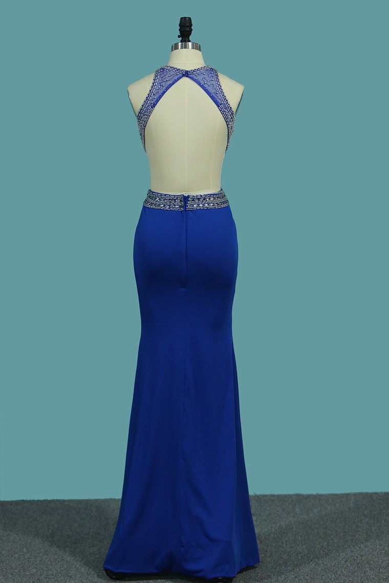 Mermaid Prom Dresses Open Back Scoop With Beads And Slit