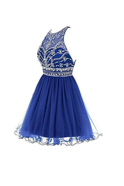 Royal Bule Tulle Short Bateau Homecoming Dresses H23