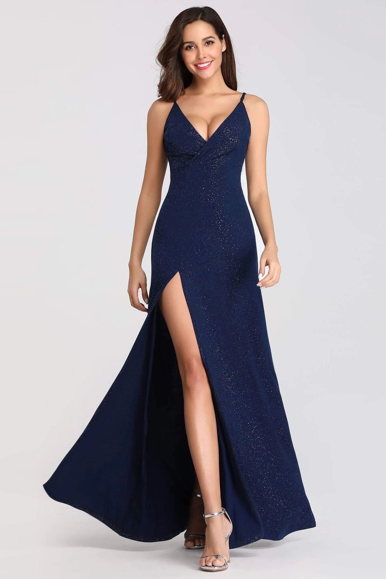 Sexy V Neck Long Spaghetti Straps Mermaid Navy Blue Prom Dresses with High Split SWK15366