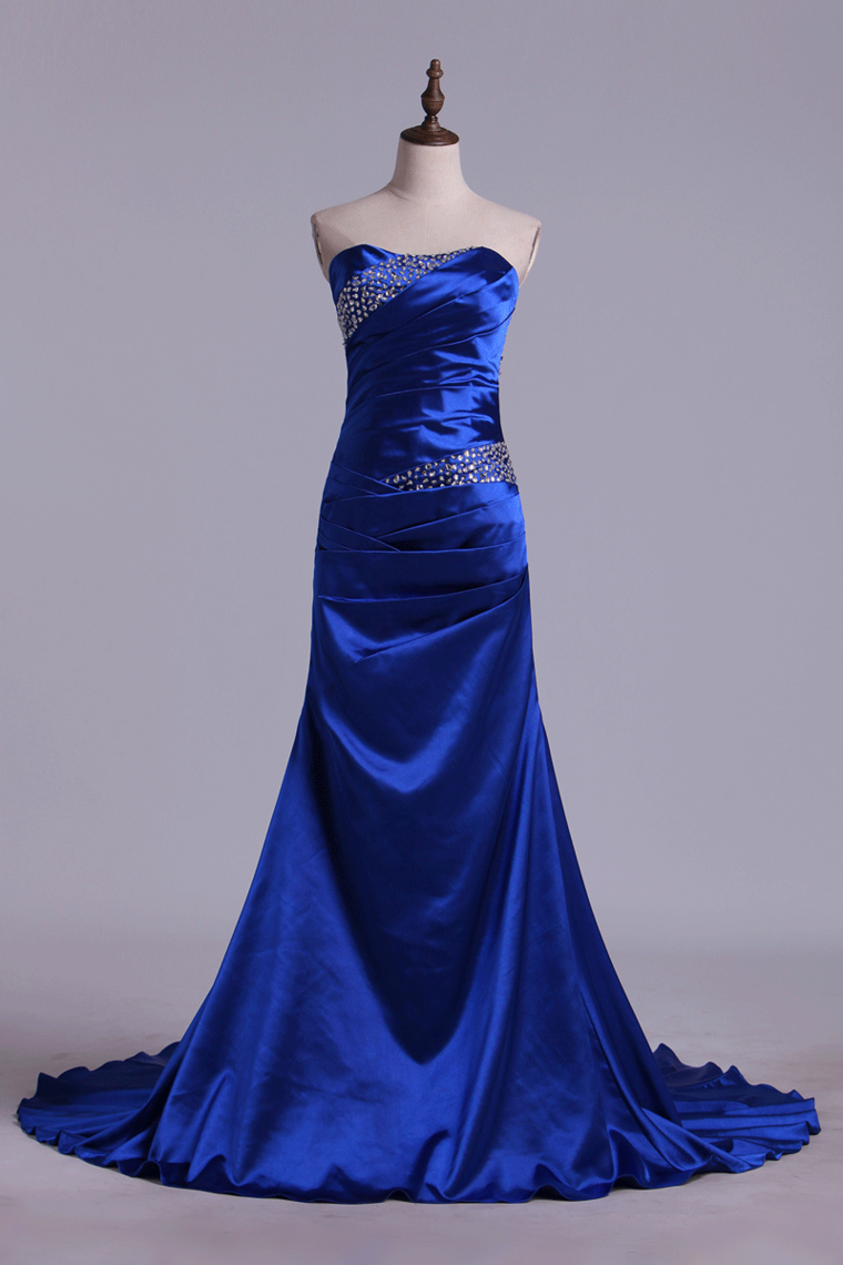 Mermaid Strapless Dark Royal Blue Sweep Train Elastic Satin With Beadings Prom Dresses