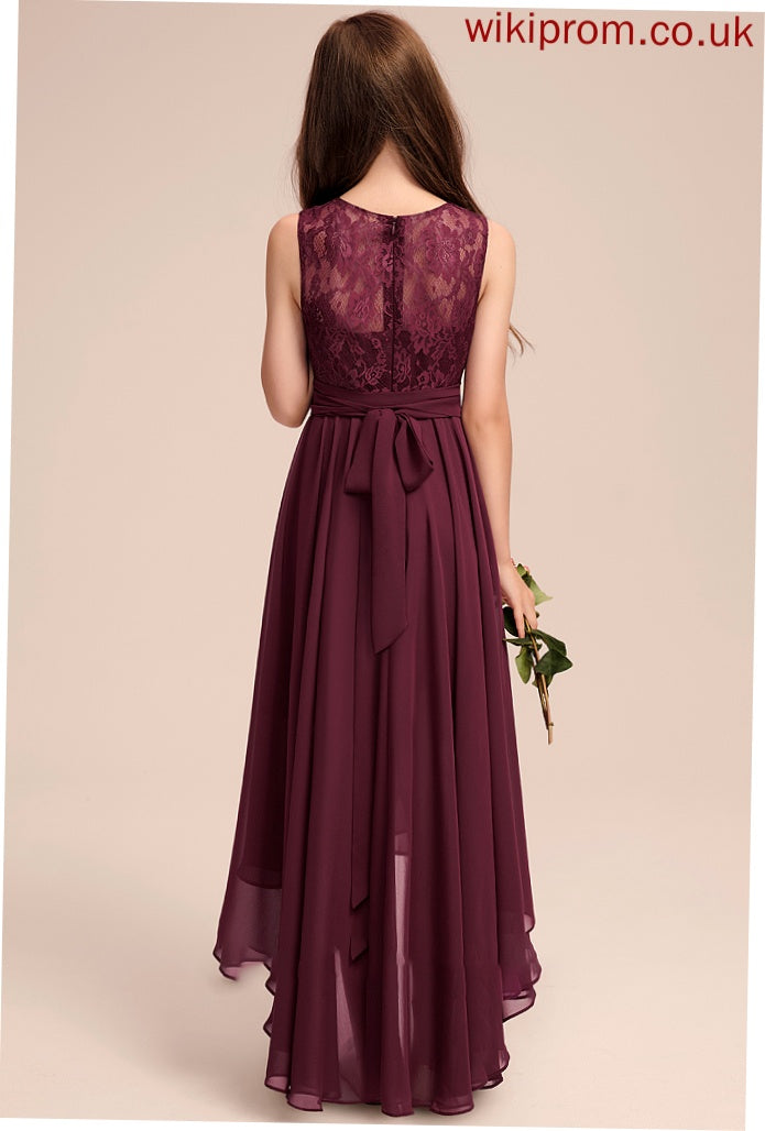 Bow(s) Scoop Lace A-Line Chelsea Junior Bridesmaid Dresses With Neck Asymmetrical Chiffon