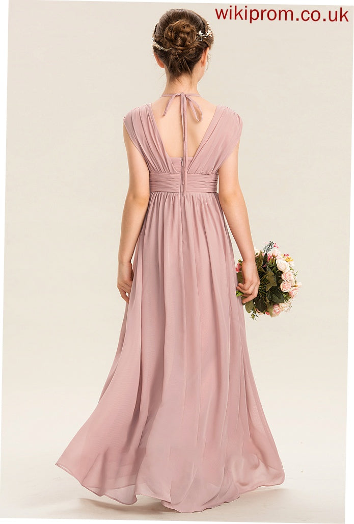 Junior Bridesmaid Dresses Floor-Length Chiffon With Bow(s) A-Line Mavis Ruffle V-neck