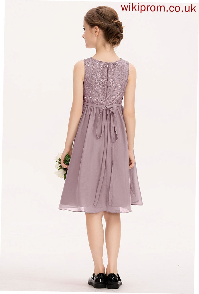 Bow(s) Scoop Jordyn Junior Bridesmaid Dresses Chiffon Lace Beading Neck With A-Line Knee-Length