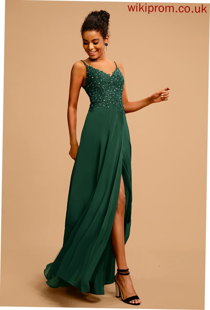 Prom Dresses A-Line With Chiffon Sequins Floor-Length Beading Hailee Lace V-neck