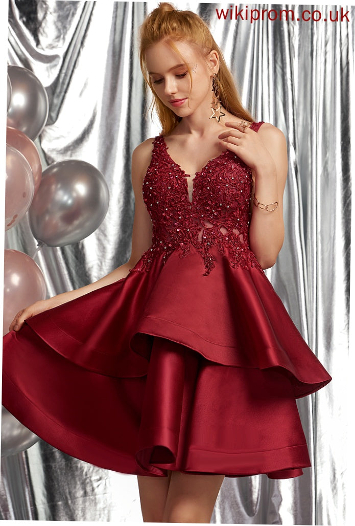 Beading Lace With Homecoming Satin Tina V-neck Homecoming Dresses Short/Mini Sequins Dress A-Line