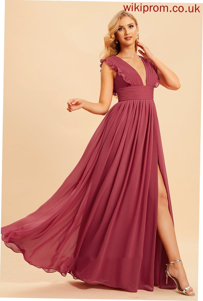 SplitFront V-neck Silhouette Length Neckline Ruffle Embellishment Fabric A-Line Floor-Length Edith Natural Waist Bridesmaid Dresses