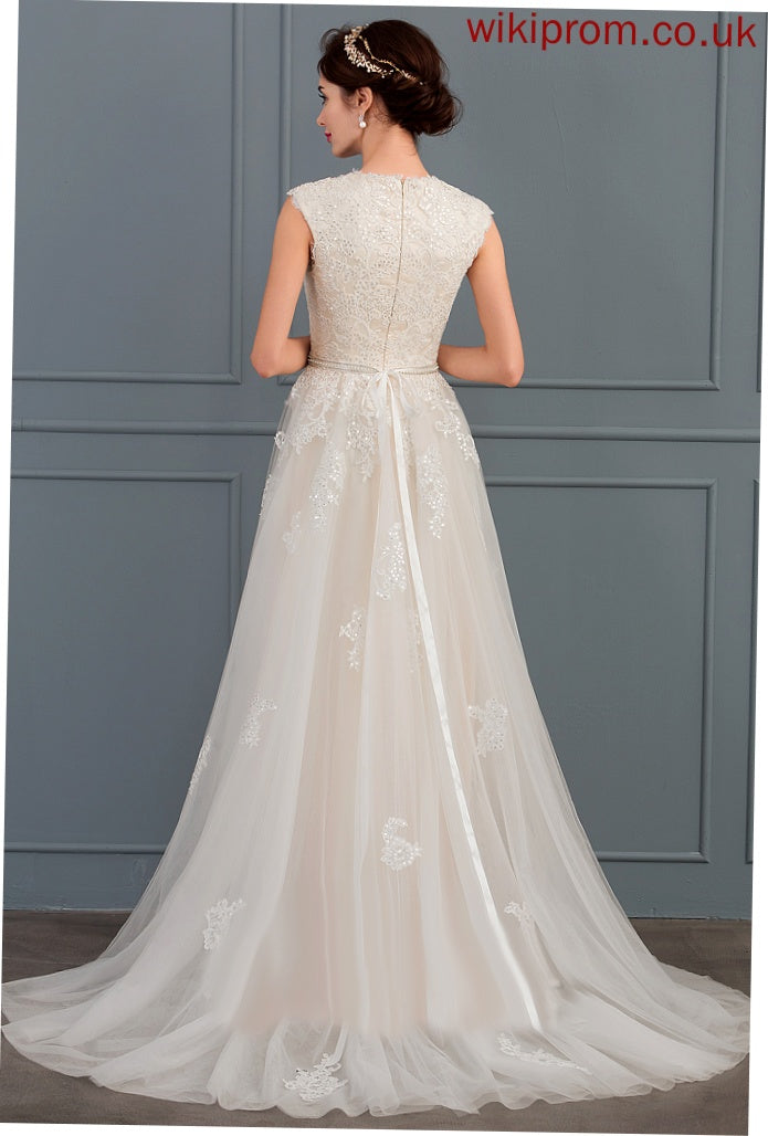 V-neck With Train Beading A-Line Sequins Wedding Dresses Lace Bow(s) Tess Sweep Wedding Dress Tulle