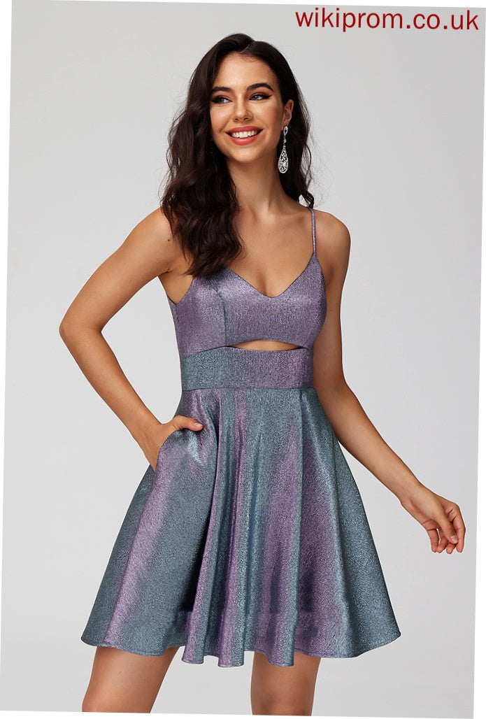 Angelica Short/Mini V-neck Satin With Dress Homecoming A-Line Homecoming Dresses Pockets