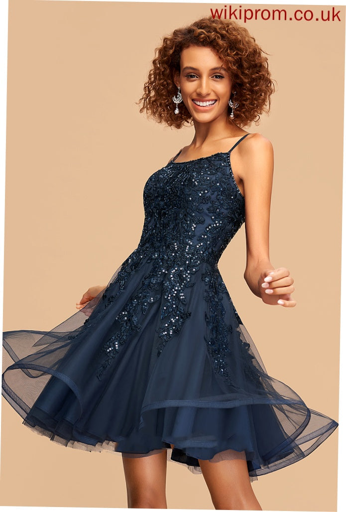 Short/Mini Homecoming Sequins A-Line Lace Tulle Beading Neckline Dress Makenzie Homecoming Dresses Square With