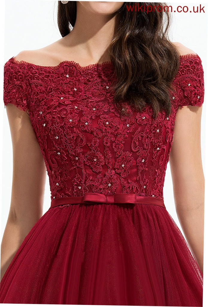 Beading Asymmetrical Neckline A-Line Silhouette Embellishment Lace Bow(s) Off-the-Shoulder Fabric Length Cierra Bridesmaid Dresses