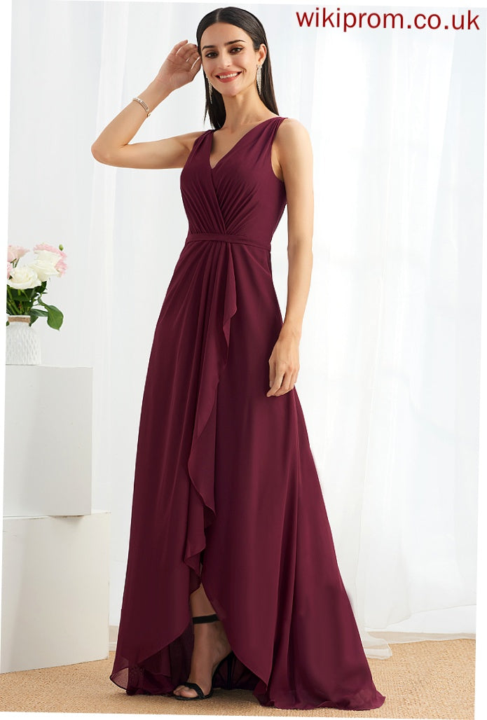 V-neck Embellishment Silhouette Fabric Neckline Length Asymmetrical SplitFront A-Line Millie Bridesmaid Dresses