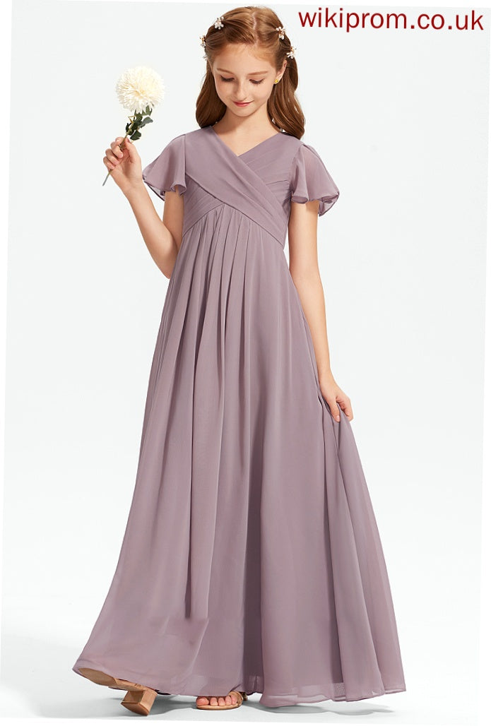 Sanaa Chiffon Junior Bridesmaid Dresses V-neck With Ruffle Floor-Length A-Line