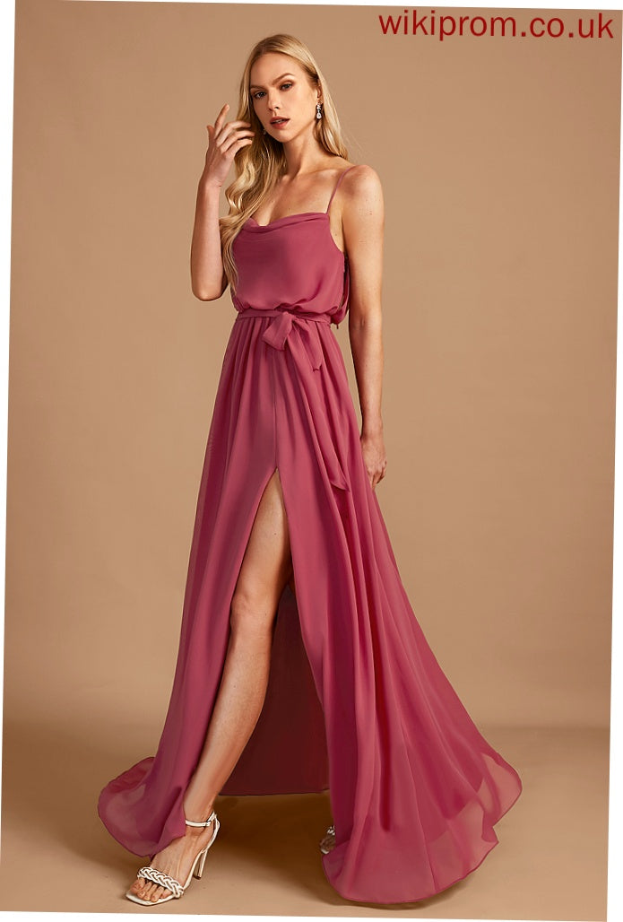 Floor-Length Silhouette Fabric A-Line Embellishment Neckline CowlNeck SplitFront Length Ruffle Mariela Bridesmaid Dresses