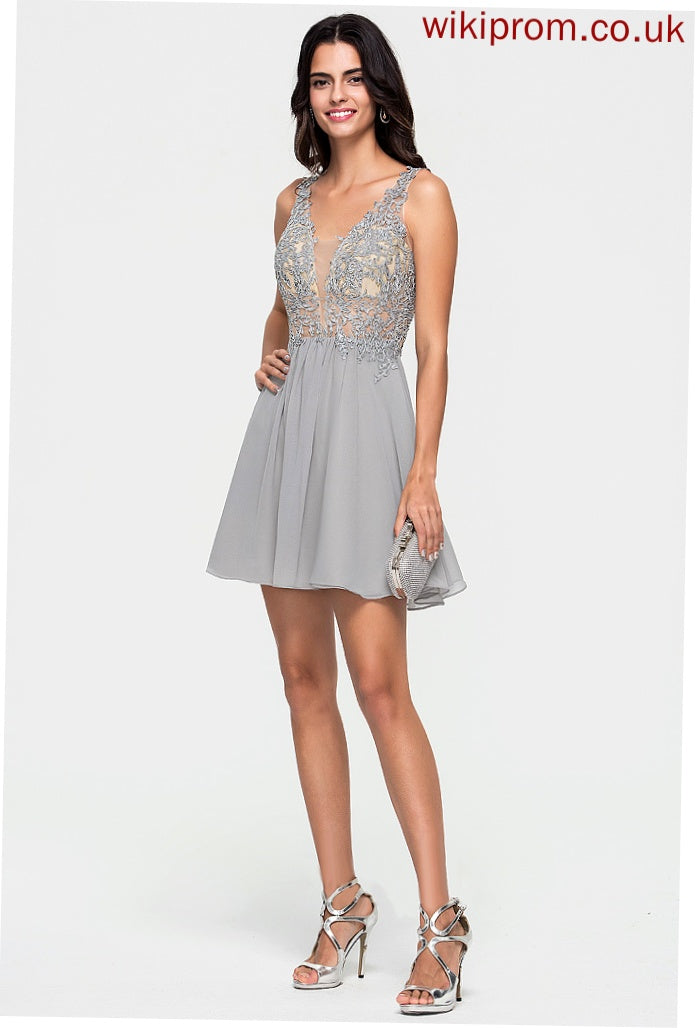 Brisa Chiffon Lace Dress V-neck Short/Mini A-Line With Homecoming Homecoming Dresses Beading