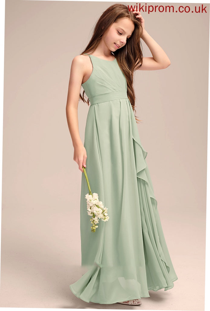 Ruffles Cascading With Junior Bridesmaid Dresses Neck Scoop Floor-Length Chiffon Macie A-Line