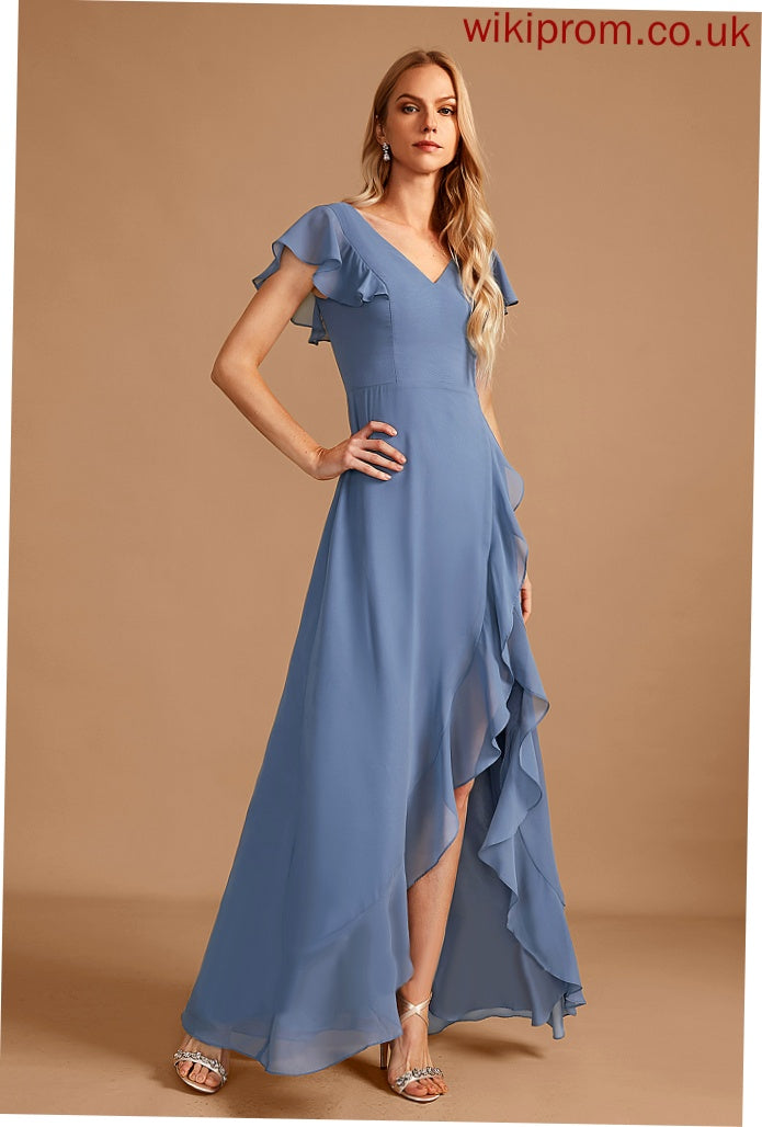 Ruffle Embellishment Neckline Silhouette A-Line V-neck SplitFront Fabric Length Asymmetrical Princess Sleeveless Bridesmaid Dresses