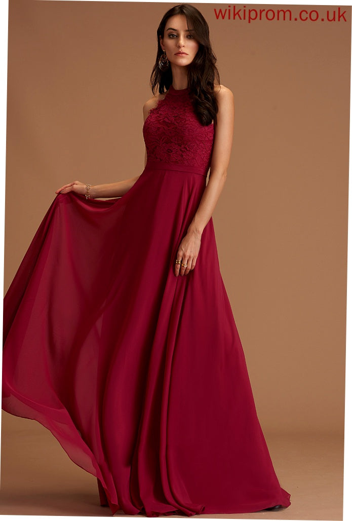 Lauretta A-Line Lace Floor-Length Chiffon Scoop Prom Dresses