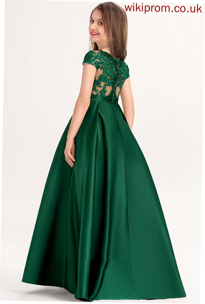 Lace Ball-Gown/Princess Neck Bow(s) Satin Floor-Length Pockets With Junior Bridesmaid Dresses Sophia Scoop