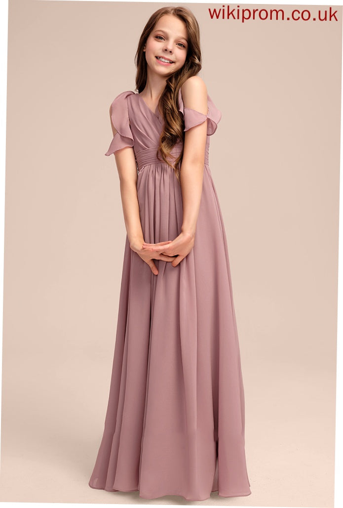 Ruffles Chiffon Floor-Length Junior Bridesmaid Dresses Kelly Cascading With V-neck A-Line