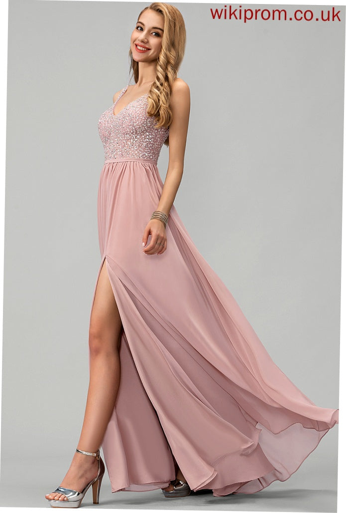 Sequins Floor-Length Hillary V-neck Chiffon A-Line With Beading Prom Dresses