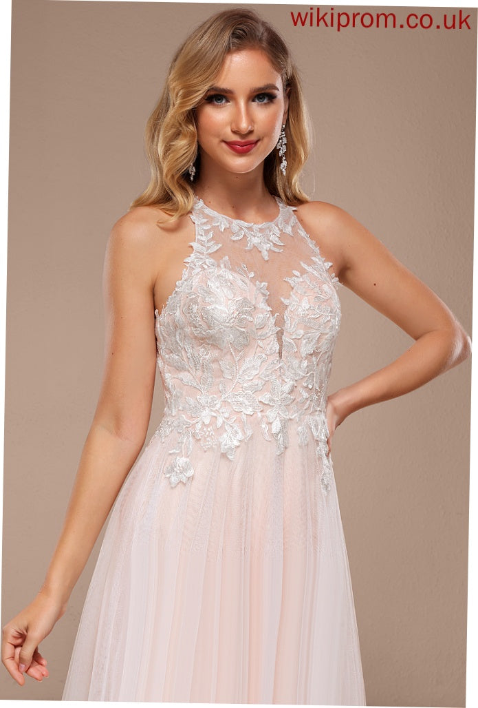 A-Line Dress Marlee Lace Sweep Beading Halter Sequins Wedding Train Wedding Dresses Tulle With