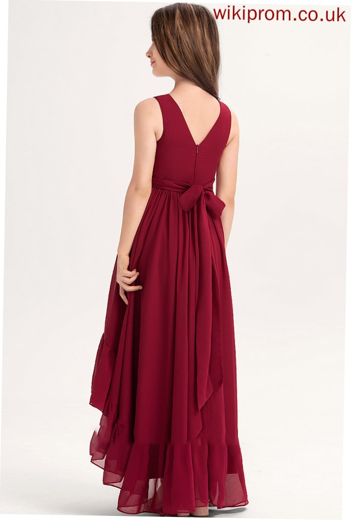 Jenny Chiffon Bow(s) V-neck Junior Bridesmaid Dresses A-Line Ruffles Cascading Asymmetrical With