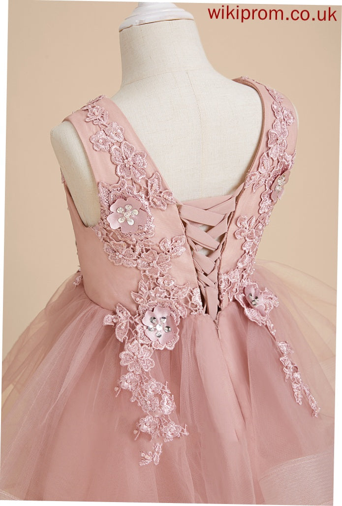 With Thelma Flower Girl - Beading/Flower(s)/Sequins Sleeveless Knee-length Tulle/Lace V-neck Dress A-Line Flower Girl Dresses