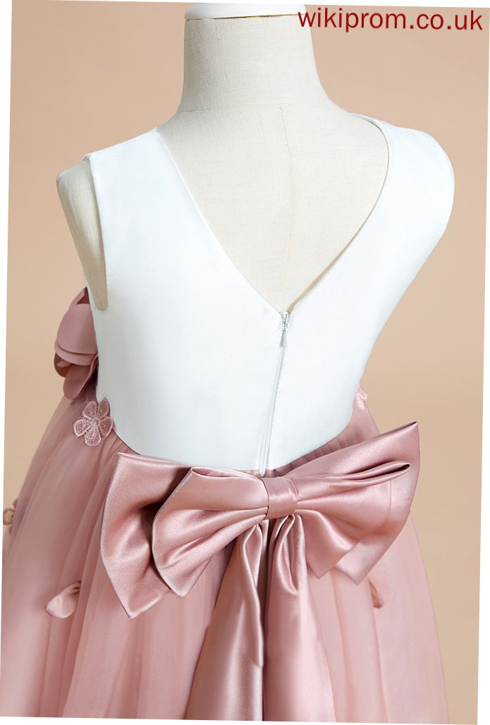 Neck Flower(s)/Bow(s) Flower With - Tea-length Dress Flower Girl Dresses Girl A-Line Scoop Yadira Satin/Tulle Sleeveless