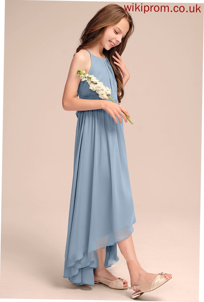 With Ruffle Frederica Junior Bridesmaid Dresses A-Line Bow(s) Neck Asymmetrical Chiffon Scoop