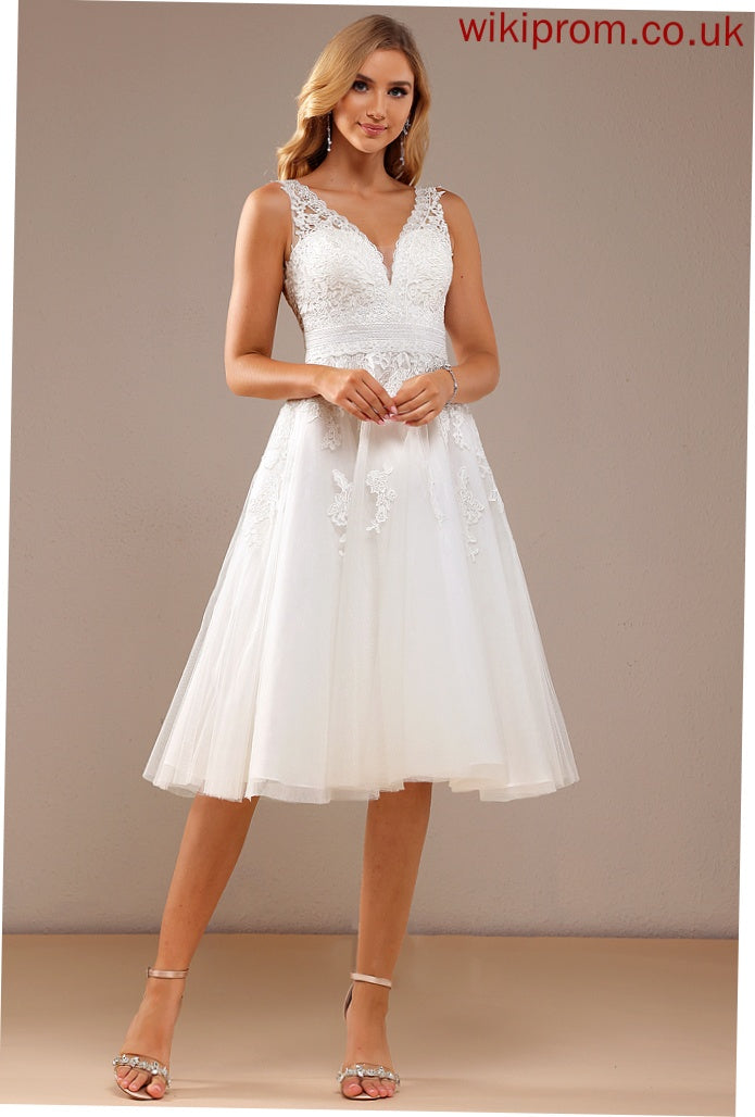 With Lace Tulle Wedding Dresses A-Line Lace Renee Wedding V-neck Knee-Length Dress