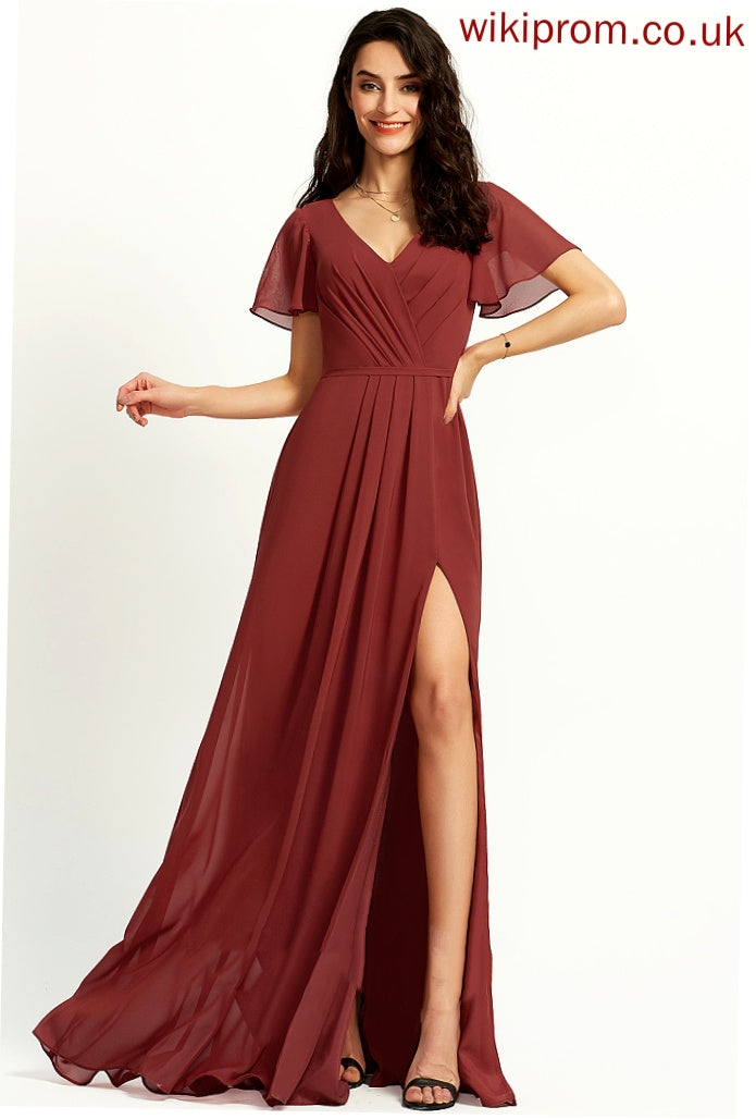 Floor-Length Silhouette Length SplitFront Fabric Neckline Embellishment V-neck A-Line Logan Bridesmaid Dresses