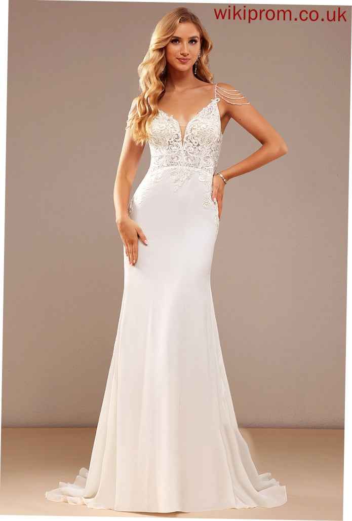 Lace Phoenix Train Wedding Lace Dress Chiffon Court Wedding Dresses Trumpet/Mermaid V-neck Beading Sequins With