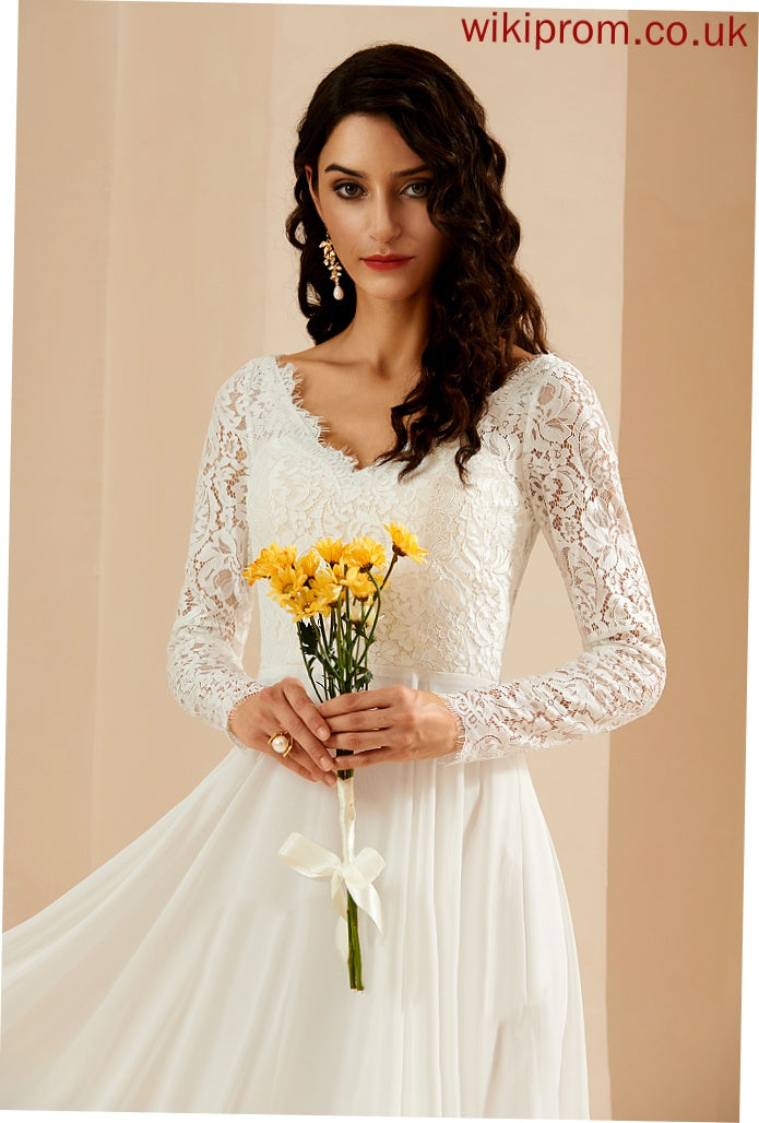 Wedding Wedding Dresses Train A-Line Chiffon Sweep Kenya Lace Dress V-neck With