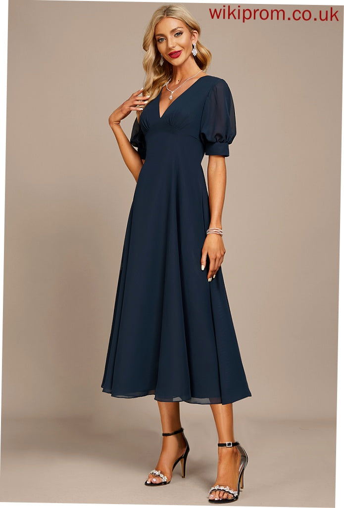 Cocktail Dresses With Tea-Length Dress Chiffon V-neck Cocktail Ruffle Allison A-Line