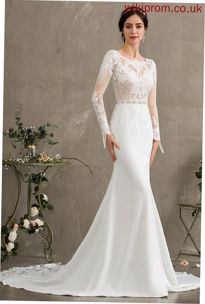 Sequins Dress Train Trumpet/Mermaid Lace Wedding Dresses Crepe Scoop Stretch Chapel Wedding Neck With Beading Willow