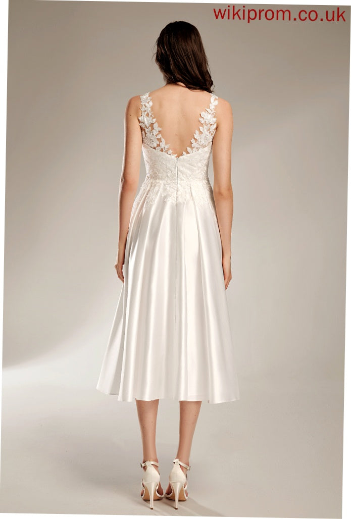 Tea-Length Wedding Wedding Dresses Guadalupe With A-Line Dress Satin Lace V-neck Pockets